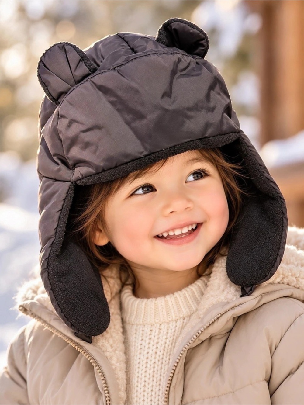 Baby GAP Black Puffer Bear Ear Trapper Hat